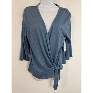 NWT Eddie Bauer Top Shirt Gate check Wrap Tie Front 3/4 Blue Women's L Tensel